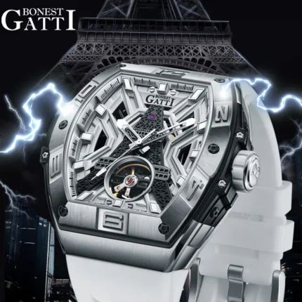 Sapphire Automatic Winding Man Watches Paris Design Tonneau Luxury 316 Stainless Steel Rubber Skeleton
